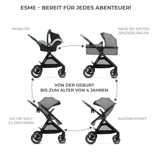 Kinderkraft ESME 3-in-1 Kinderwagen Set, Kombikinderwagen Reisesystem, Babyschale I-Size, Bis 26 kg, Grau