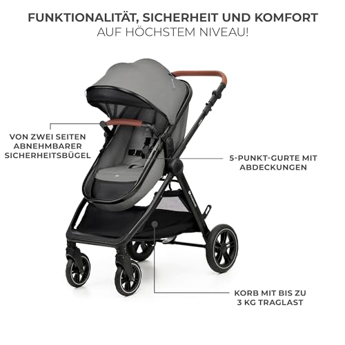Kinderkraft ESME 3-in-1 Kinderwagen Set, Kombikinderwagen Reisesystem, Babyschale I-Size, Bis 26 kg, Grau