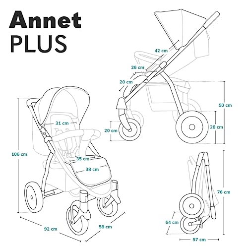 LIONELO Annet Plus Buggy, Bis 22 kg, Liegefunktion, Zusammenklappbar, Eva-Schaum-Räder, Moskitonetz, Zubehör