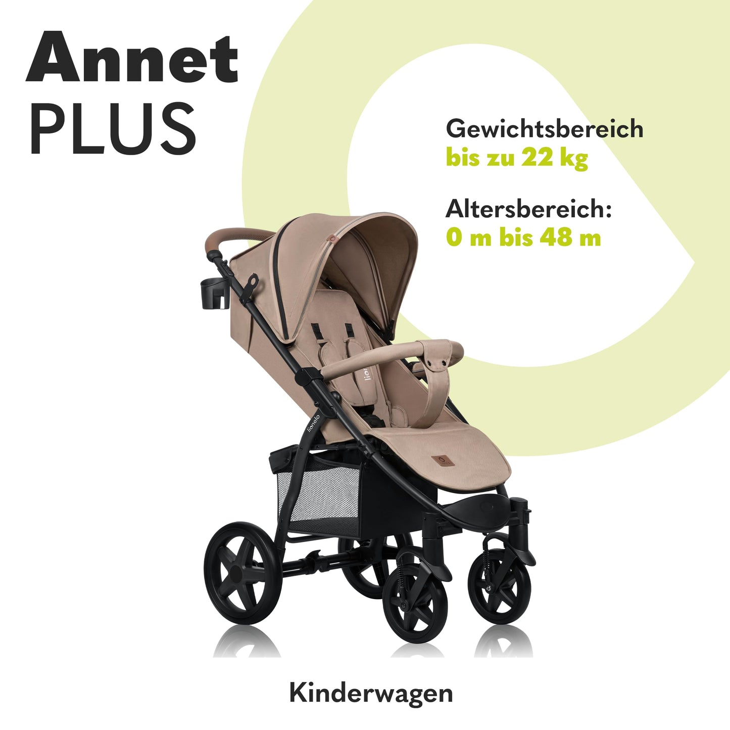 LIONELO Annet Buggy, Bis 22 kg, Liegefunktion, Zusammenklappbar, Eva-Schaum-Räder, Moskitonetz, Fußdecke, Getränkehalter, Korb