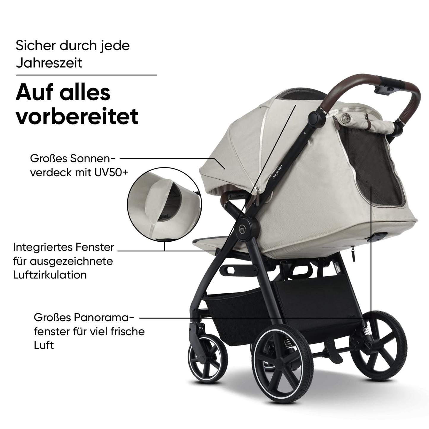 my junior PLIA² Komfortbuggy, Luftkammerreifen, Einhand-Faltmechanismus, Einstellbare Federung, XXL-Korb, inkl. Getränkehalter, Desert Bloom