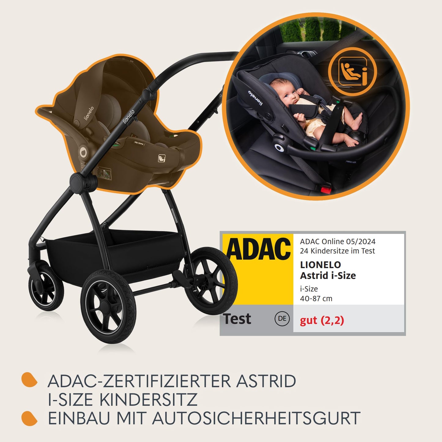 LIONELO MERIL 3-in-1 Multifunktionaler Kinderwagen, 0-48 Monate, Bis zu 22 kg, Geländeräder 360°, Vollfederung, XXL-Verdeck mit UPF50+
