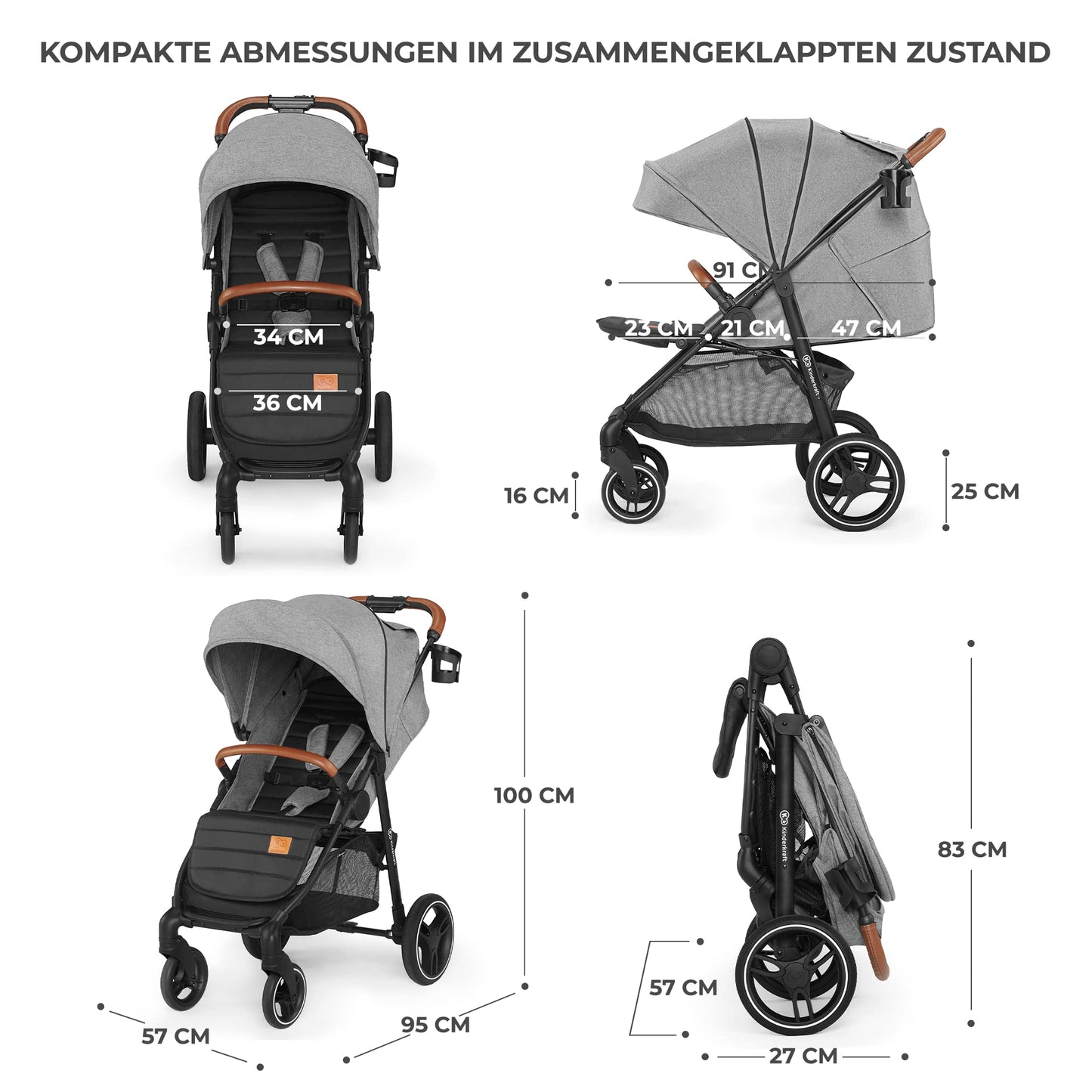 Kinderkraft GRANDE PLUS Buggy, Bis 22 kg, Einhand-Zusammenklappen, Liegeposition, Gedämpfte Räder, Großes Verdeck, Grau