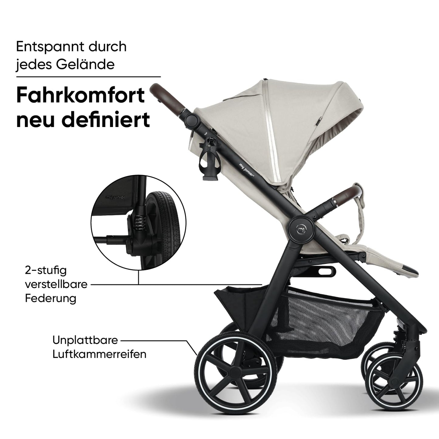 my junior PLIA² Komfortbuggy, Luftkammerreifen, Einhand-Faltmechanismus, Einstellbare Federung, XXL-Korb, inkl. Getränkehalter, Desert Bloom