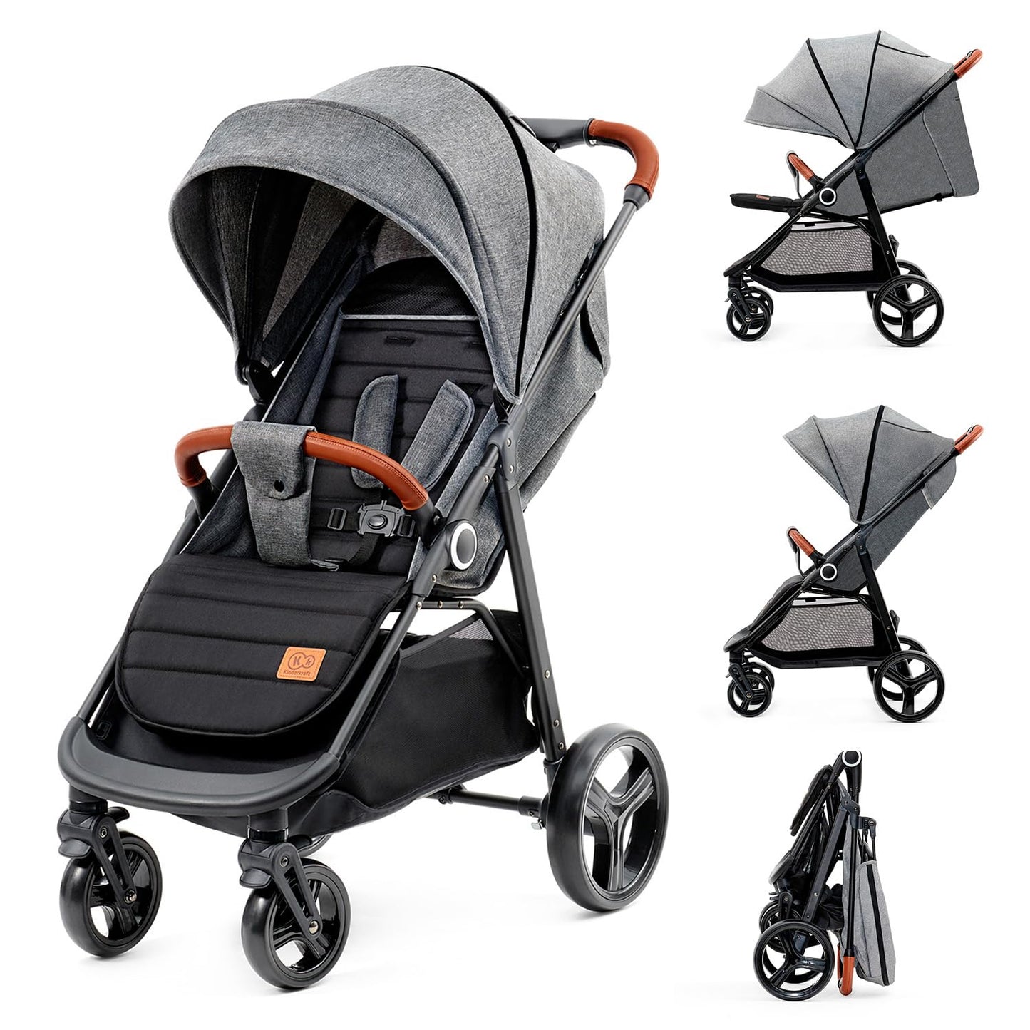 Kinderkraft GRANDE PLUS Buggy, Bis 22 kg, Einhand-Zusammenklappen, Liegeposition, Gedämpfte Räder, Großes Verdeck, Grau