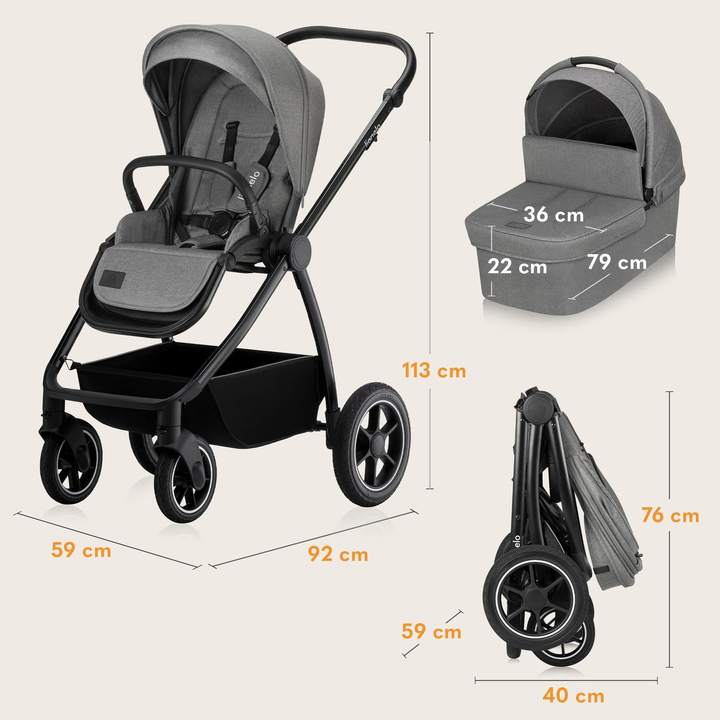 LIONELO MERIL 3-in-1 Multifunktionaler Kinderwagen, 0-48 Monate, Bis zu 22 kg, Geländeräder 360°, Vollfederung, XXL-Verdeck mit UPF50+