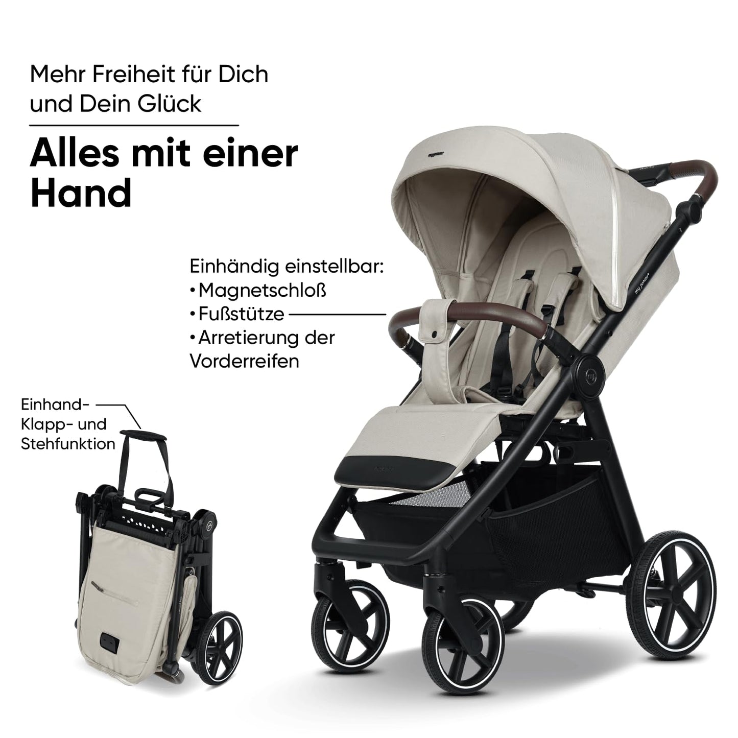 my junior PLIA² Komfortbuggy, Luftkammerreifen, Einhand-Faltmechanismus, Einstellbare Federung, XXL-Korb, inkl. Getränkehalter, Desert Bloom