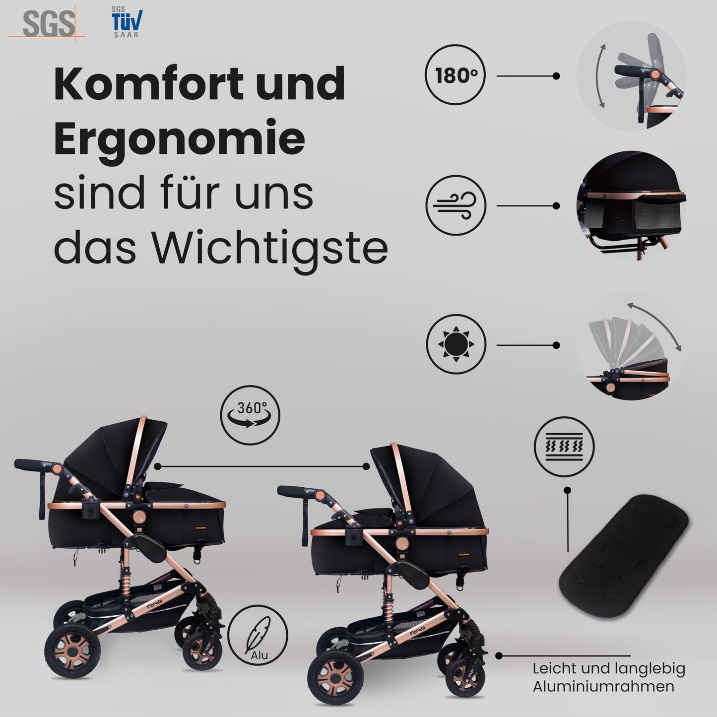 GaGaDumi Florida 3in1 Kinderwagen Set, Autositz, Kombikinderwagen mit Voll-Gummireifen, Wickeltasche, TÜV, Schwarz/Schwarz