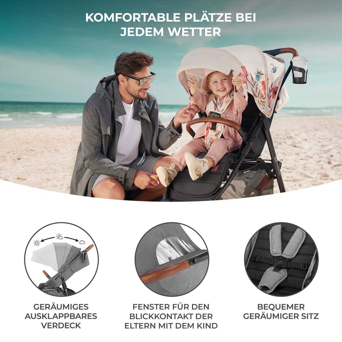 Kinderkraft GRANDE PLUS Buggy, Bis 22 kg, Einhand-Zusammenklappen, Liegeposition, Gedämpfte Räder, Großes Verdeck, Grau