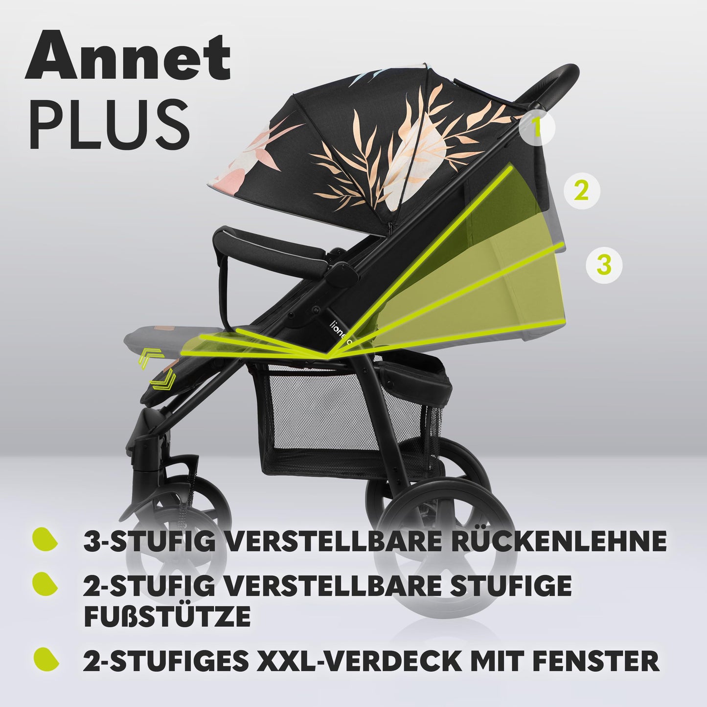 LIONELO Annet Plus Buggy, Bis 22 kg, Liegefunktion, Zusammenklappbar, Eva-Schaum-Räder, Moskitonetz, Zubehör