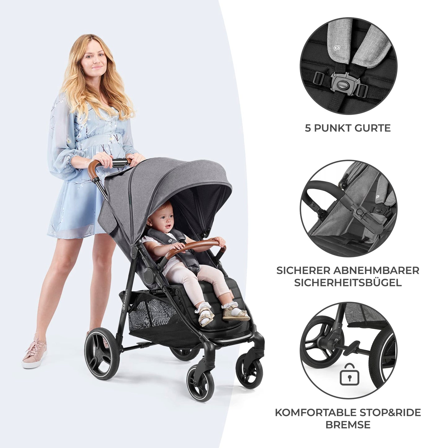 Kinderkraft GRANDE PLUS Buggy, Bis 22 kg, Einhand-Zusammenklappen, Liegeposition, Gedämpfte Räder, Großes Verdeck, Grau