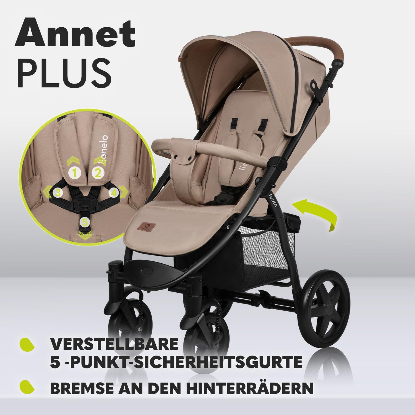 LIONELO Annet Buggy, Bis 22 kg, Liegefunktion, Zusammenklappbar, Eva-Schaum-Räder, Moskitonetz, Fußdecke, Getränkehalter, Korb