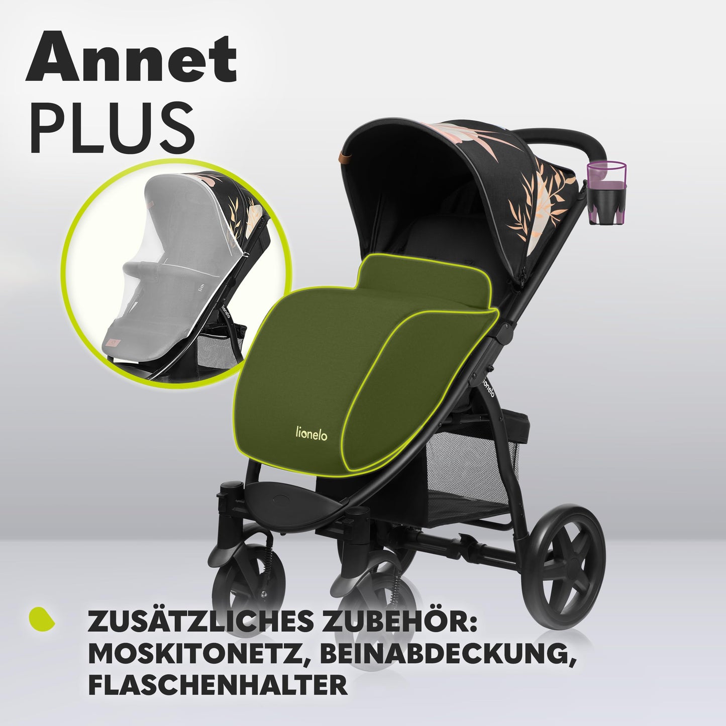 LIONELO Annet Plus Buggy, Bis 22 kg, Liegefunktion, Zusammenklappbar, Eva-Schaum-Räder, Moskitonetz, Zubehör