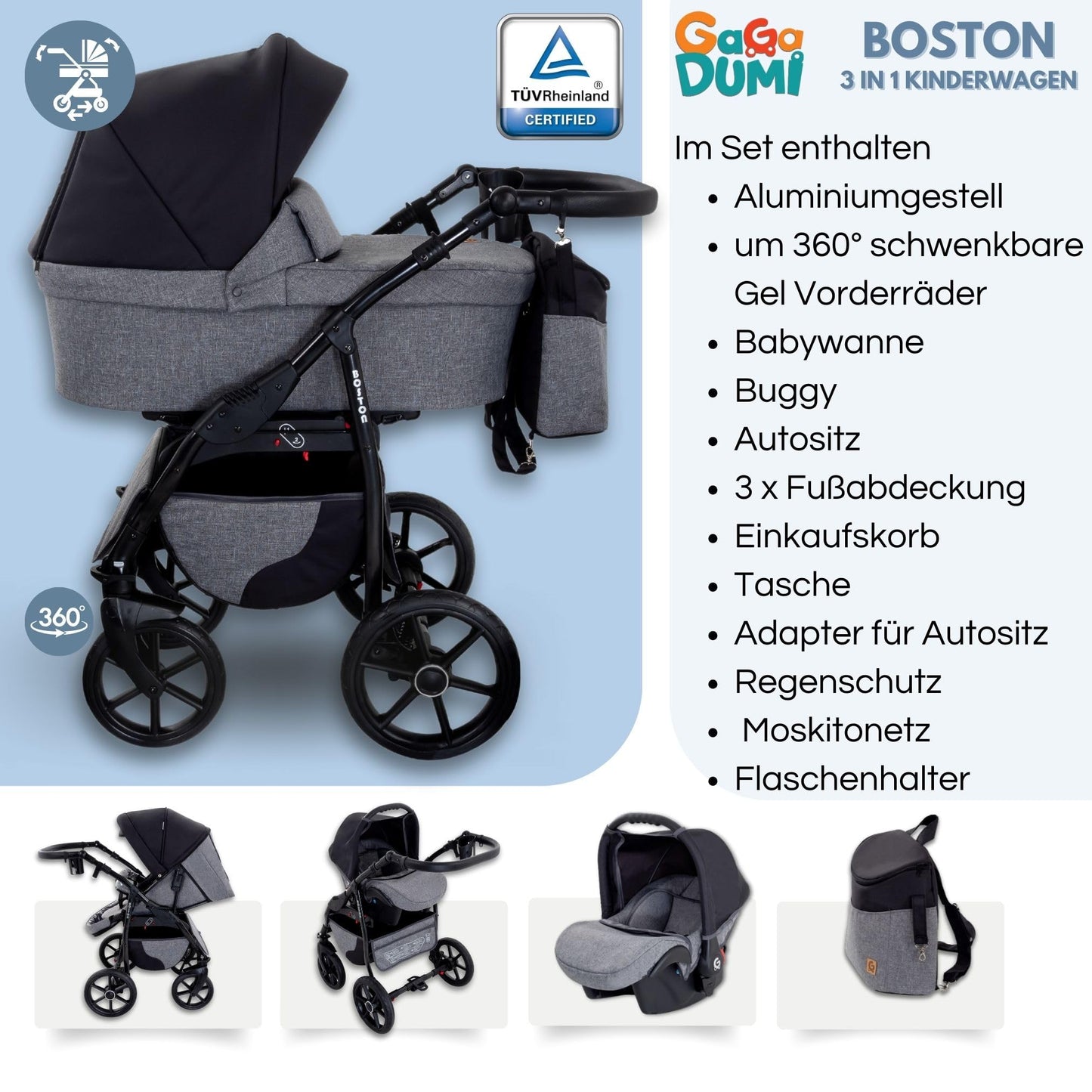GaGaDumi Boston 3in1 Kinderwagen Set, Kombikinderwagen mit Autositz, TÜV-zertifiziert, Grau Jeans