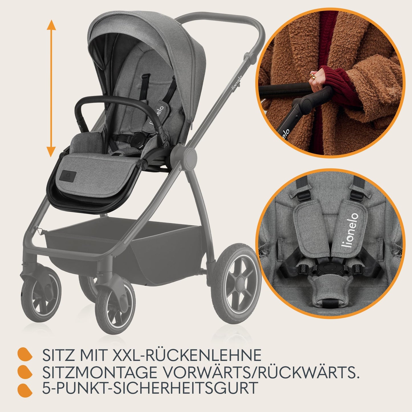 LIONELO MERIL 3-in-1 Multifunktionaler Kinderwagen, 0-48 Monate, Bis zu 22 kg, Geländeräder 360°, Vollfederung, XXL-Verdeck mit UPF50+