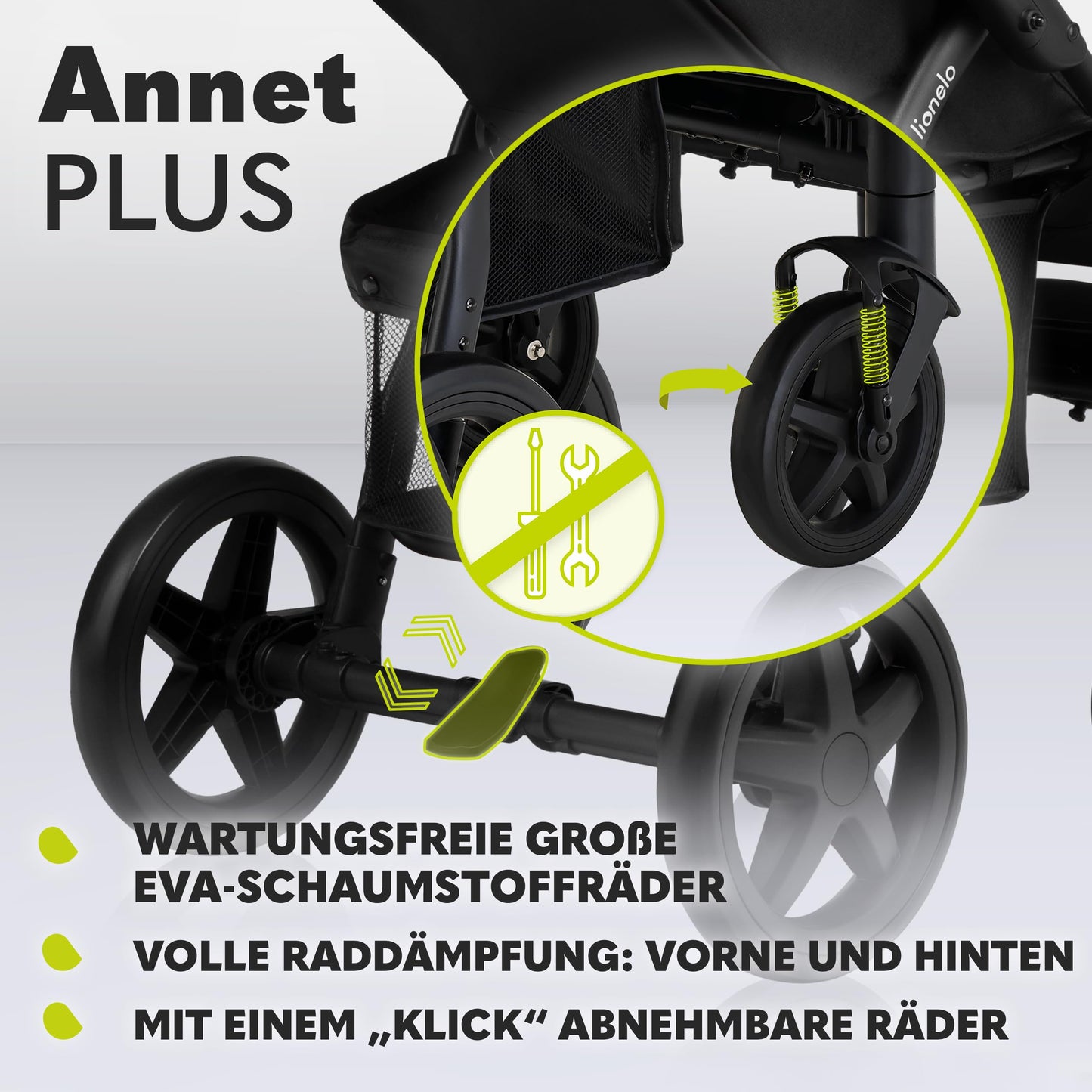 LIONELO Annet Plus Buggy, Bis 22 kg, Liegefunktion, Zusammenklappbar, Eva-Schaum-Räder, Moskitonetz, Zubehör