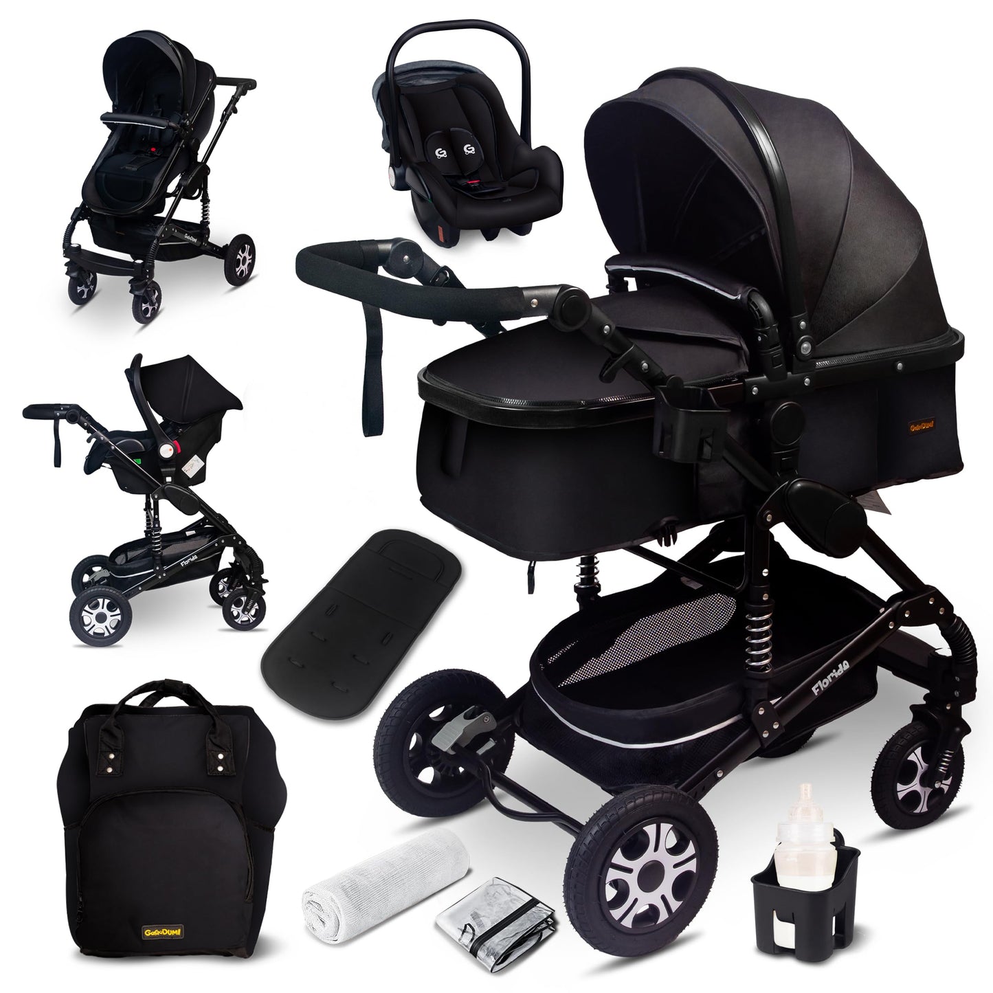 GaGaDumi Florida 3in1 Kinderwagen Set, Autositz, Kombikinderwagen mit Voll-Gummireifen, Wickeltasche, TÜV, Schwarz/Schwarz