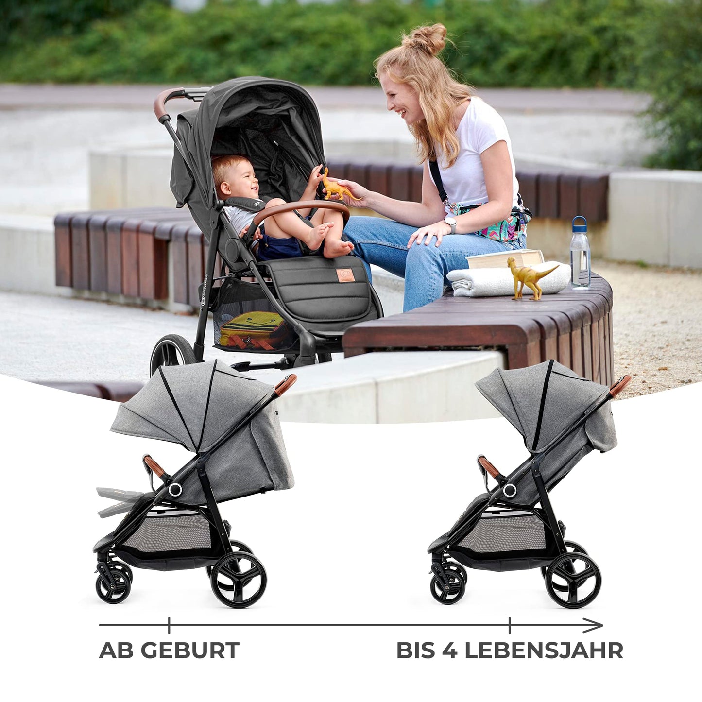 Kinderkraft GRANDE PLUS Buggy, Bis 22 kg, Einhand-Zusammenklappen, Liegeposition, Gedämpfte Räder, Großes Verdeck, Grau