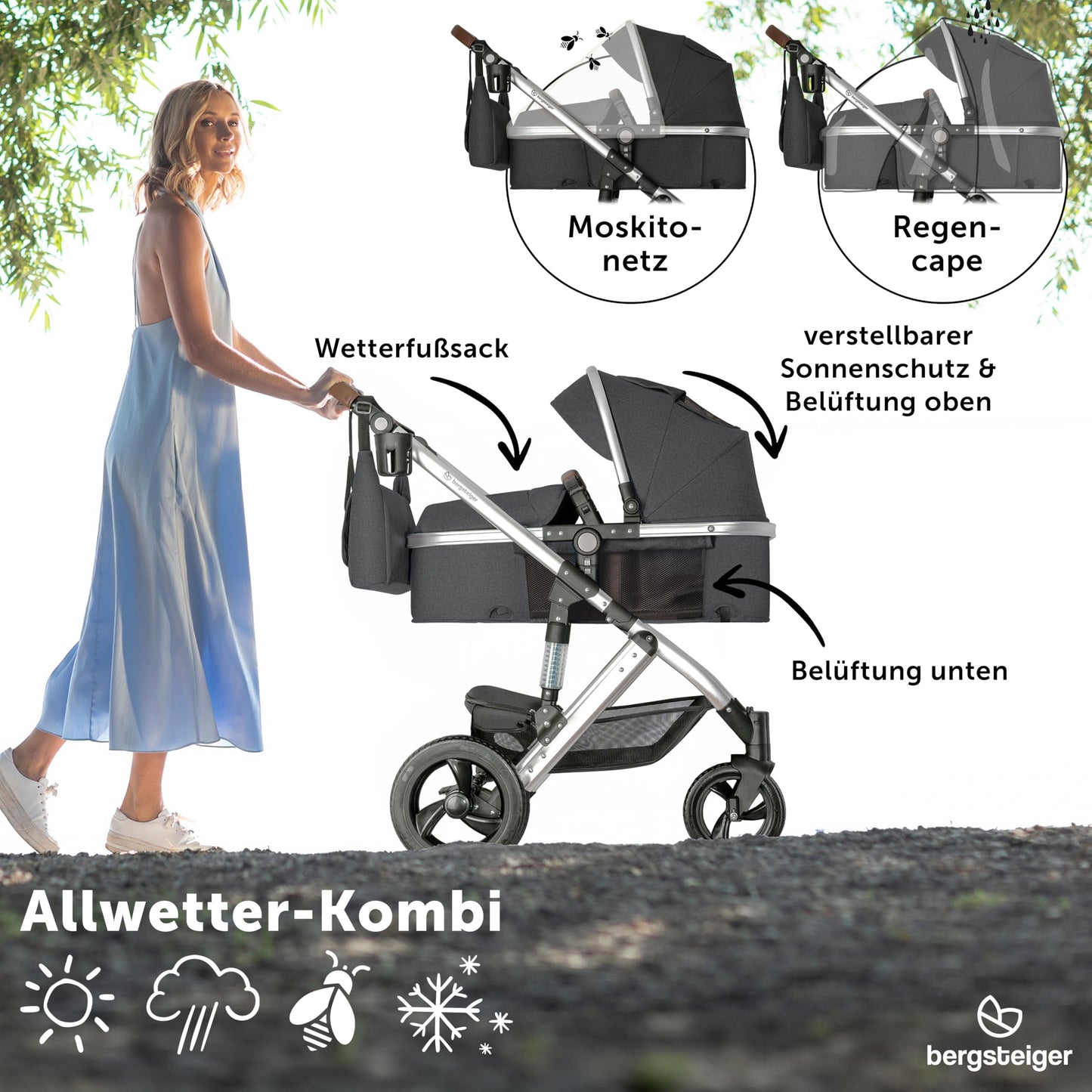 Bergsteiger Nizza 3 in 1 Kinderwagen, Kombikinderwagen Set, Babywanne & Buggy, Isofix Optional