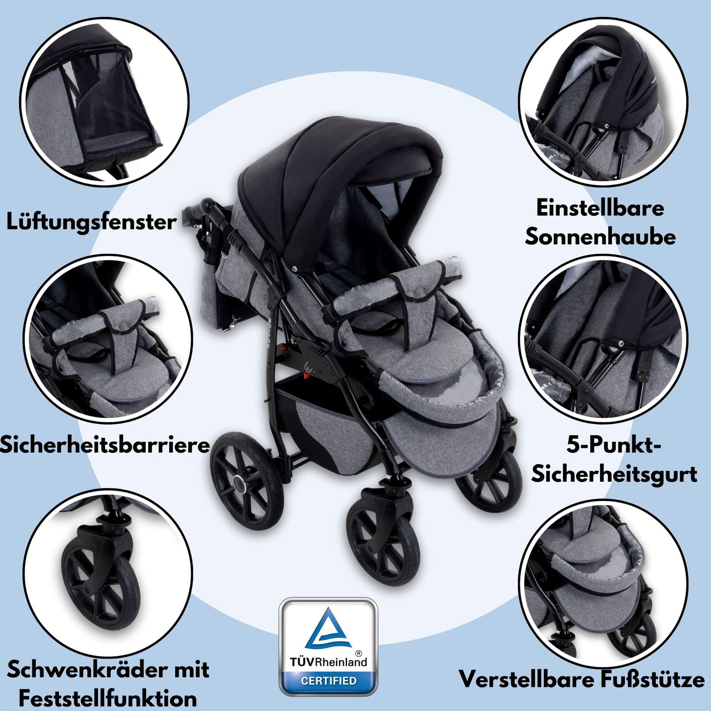 GaGaDumi Boston 3in1 Kinderwagen Set, Kombikinderwagen mit Autositz, TÜV-zertifiziert, Grau Jeans