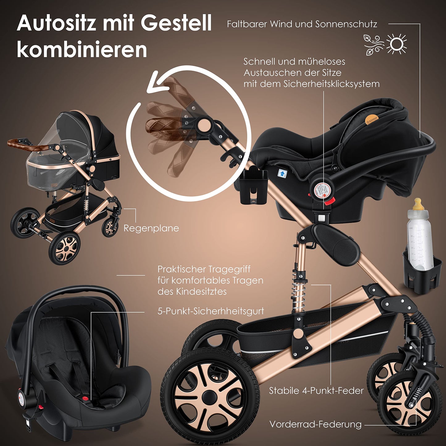 KESSER Loops 3-in-1 Kinderwagen Set, Kombikinderwagen inkl. Babywanne, Buggy, Auto-Babyschale, Voll-Gummireifen, Wickeltasche, ECE R129, Schwarz/Champagne