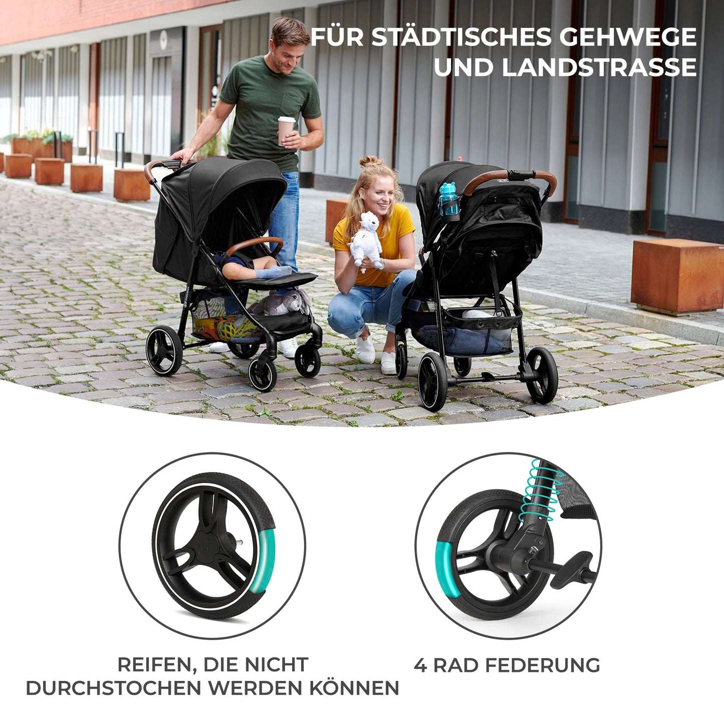 Kinderkraft GRANDE PLUS Buggy, Bis 22 kg, Einhand-Zusammenklappen, Liegeposition, Gedämpfte Räder, Großes Verdeck, Grau