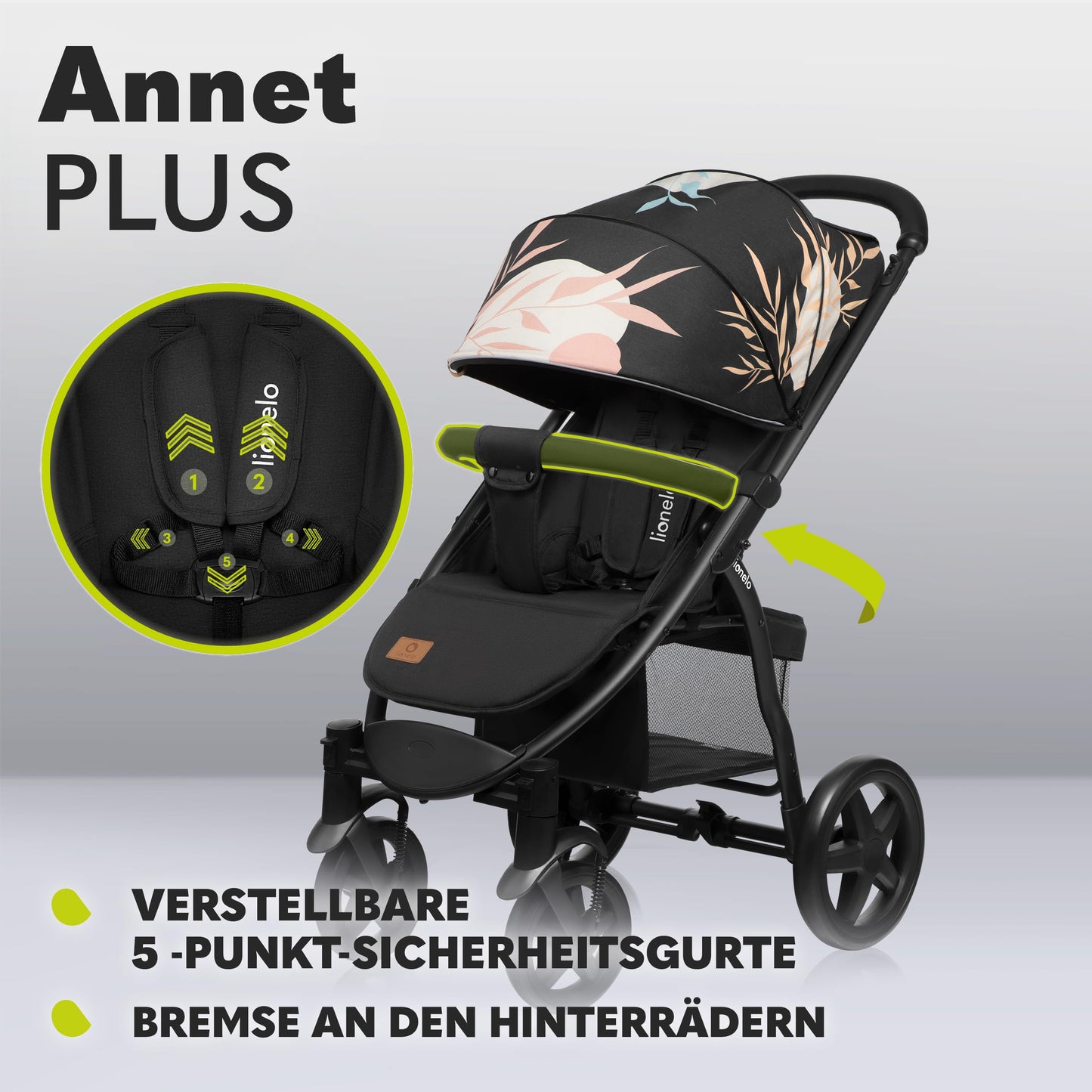 LIONELO Annet Plus Buggy, Bis 22 kg, Liegefunktion, Zusammenklappbar, Eva-Schaum-Räder, Moskitonetz, Zubehör
