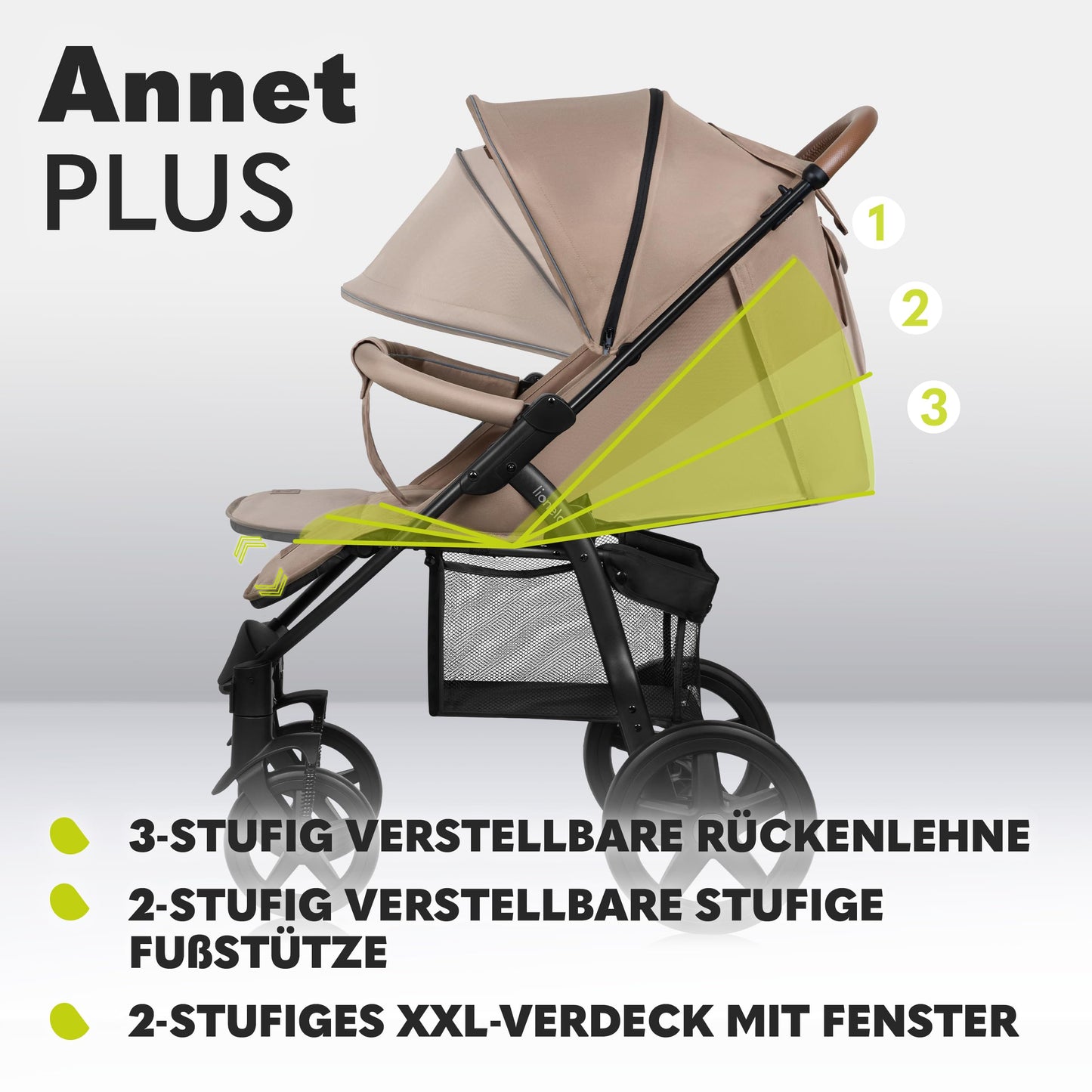 LIONELO Annet Buggy, Bis 22 kg, Liegefunktion, Zusammenklappbar, Eva-Schaum-Räder, Moskitonetz, Fußdecke, Getränkehalter, Korb
