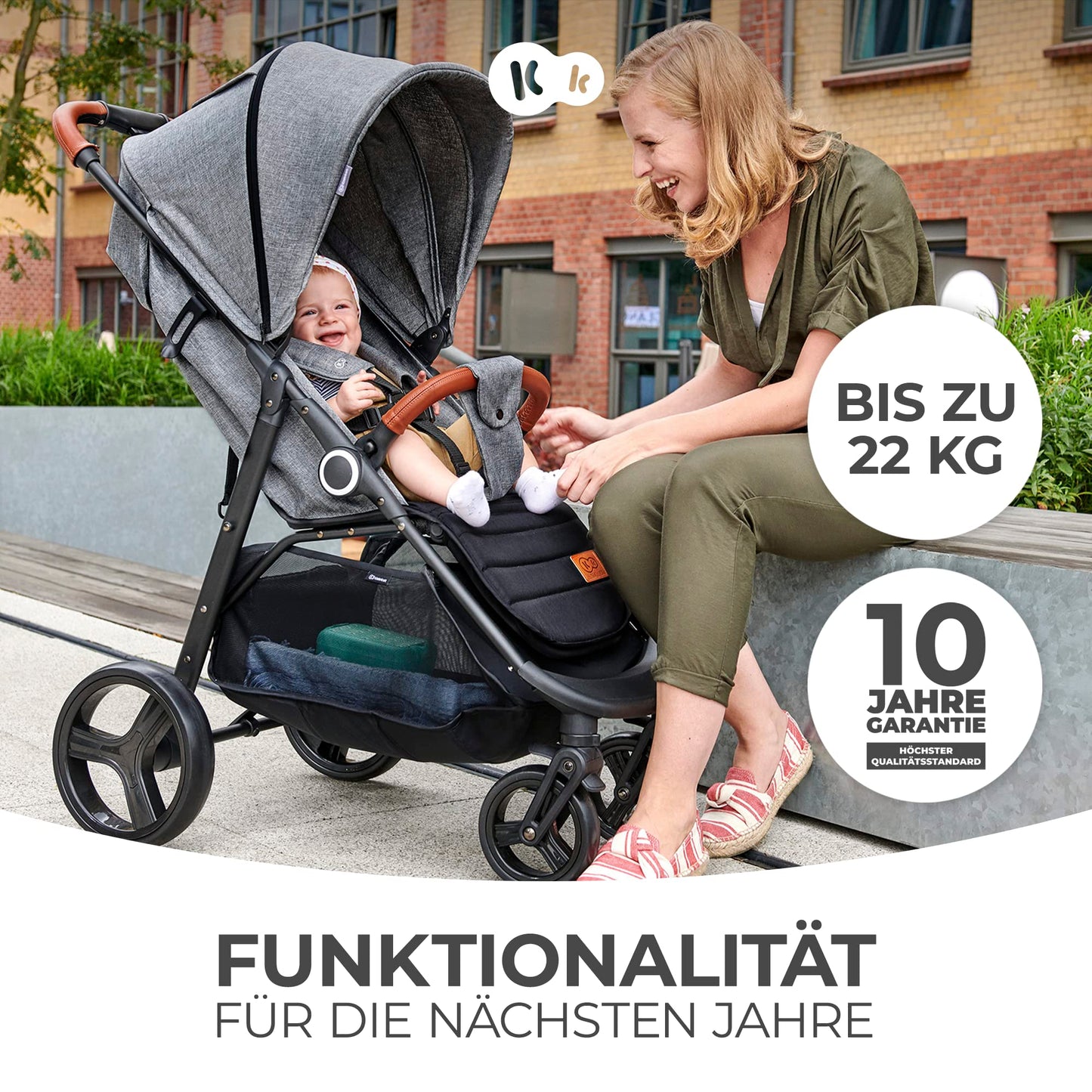 Kinderkraft GRANDE PLUS Buggy, Bis 22 kg, Einhand-Zusammenklappen, Liegeposition, Gedämpfte Räder, Großes Verdeck, Grau