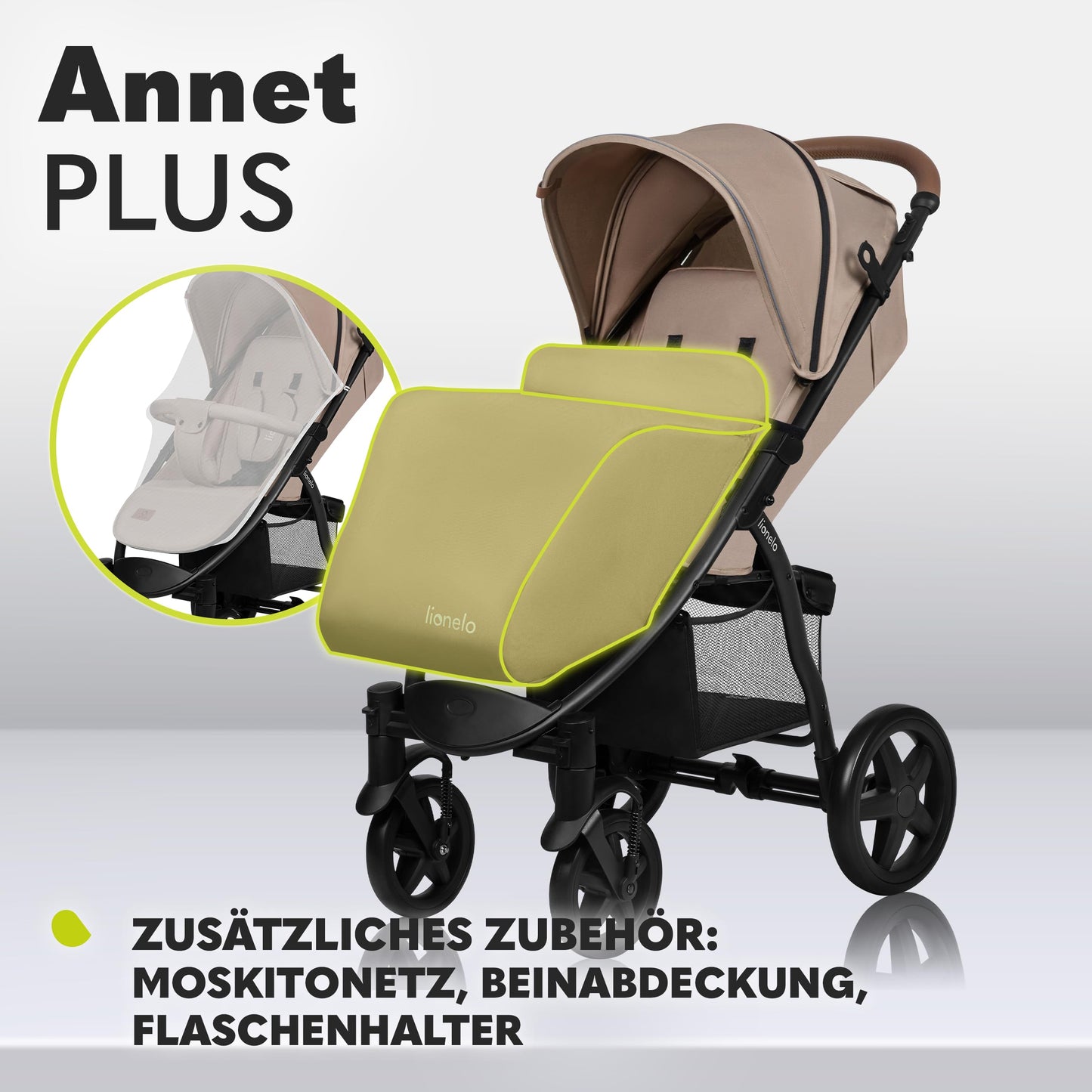 LIONELO Annet Buggy, Bis 22 kg, Liegefunktion, Zusammenklappbar, Eva-Schaum-Räder, Moskitonetz, Fußdecke, Getränkehalter, Korb