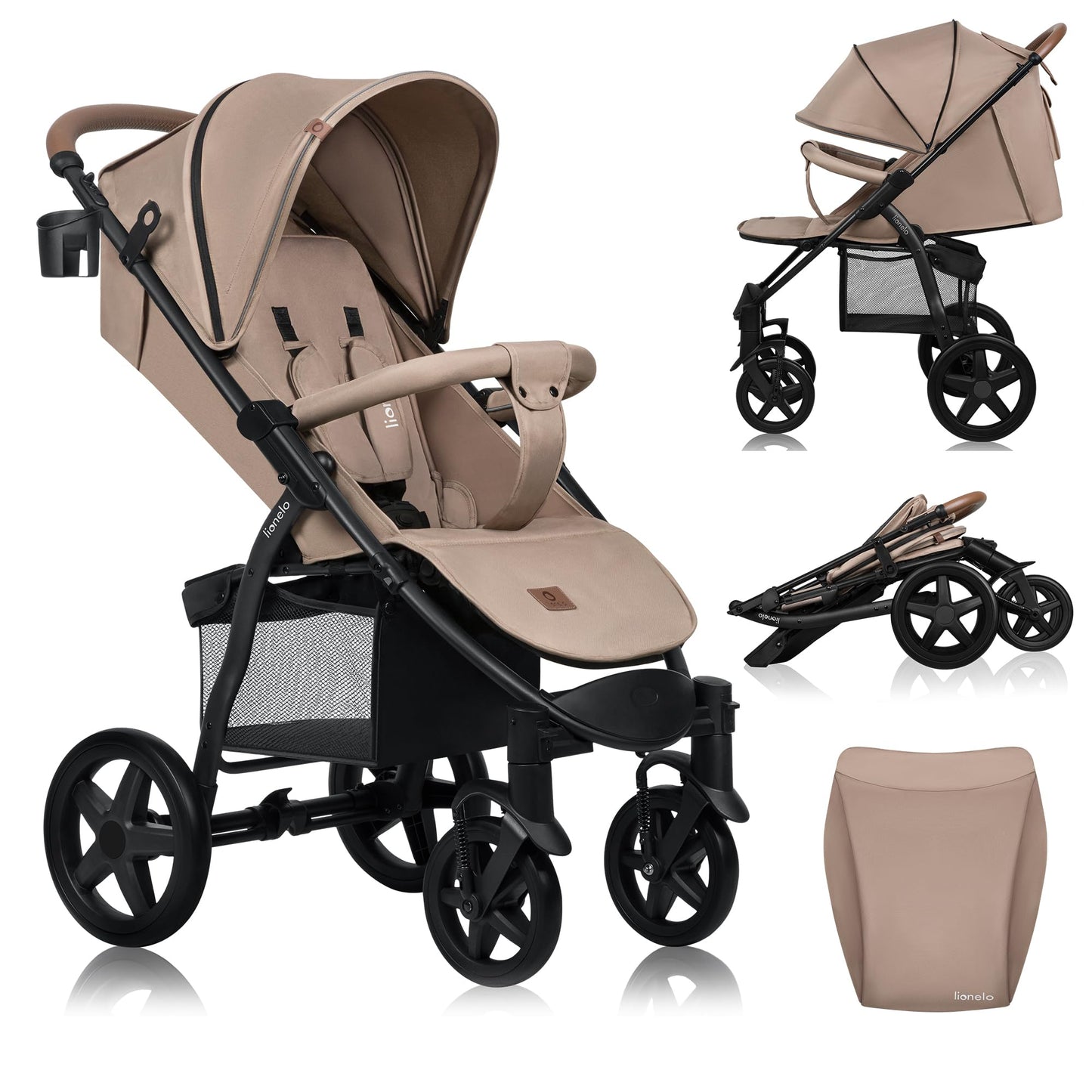 LIONELO Annet Buggy, Bis 22 kg, Liegefunktion, Zusammenklappbar, Eva-Schaum-Räder, Moskitonetz, Fußdecke, Getränkehalter, Korb