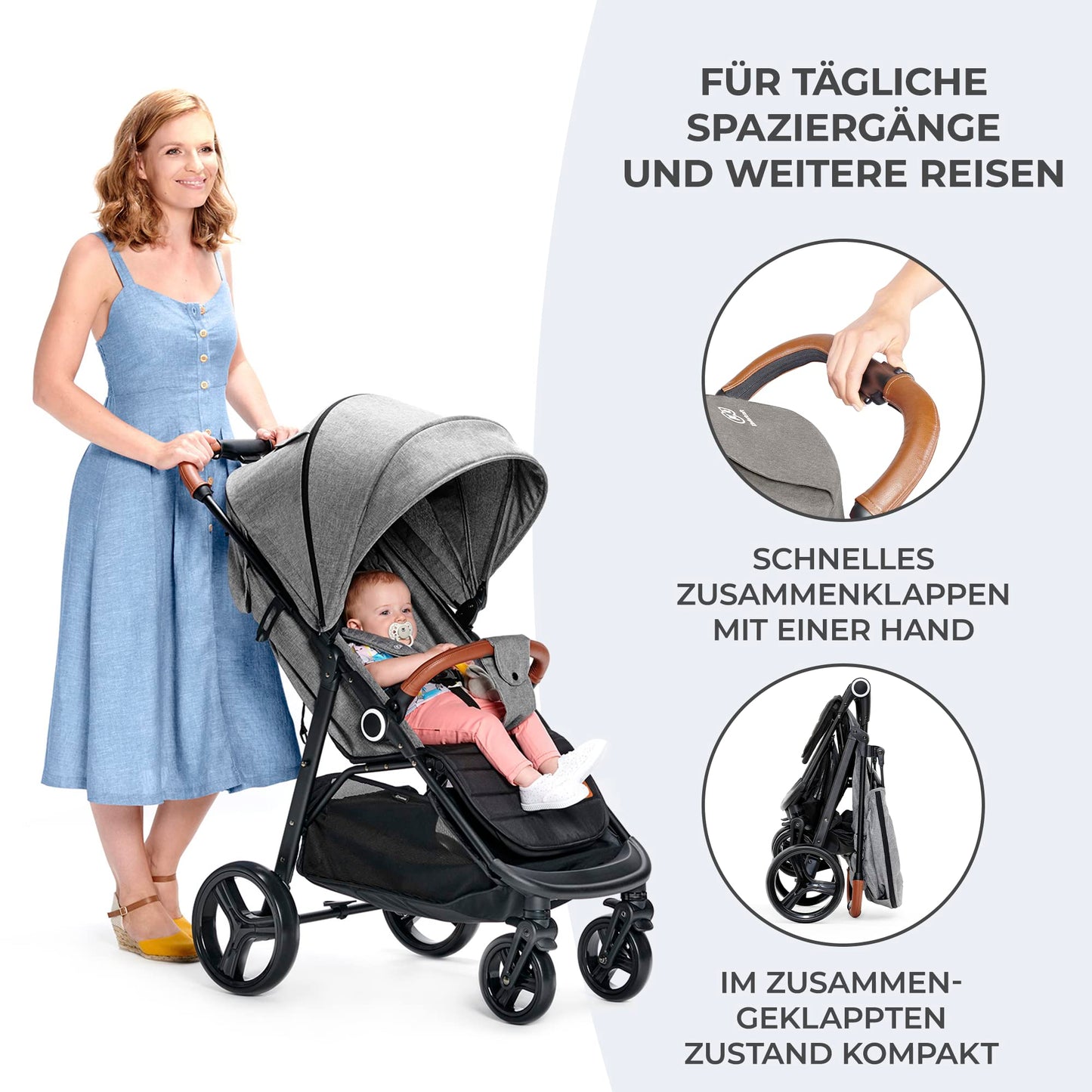 Kinderkraft GRANDE PLUS Buggy, Bis 22 kg, Einhand-Zusammenklappen, Liegeposition, Gedämpfte Räder, Großes Verdeck, Grau