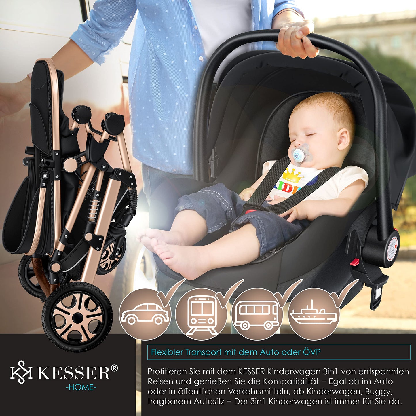 KESSER Loops 3-in-1 Kinderwagen Set, Kombikinderwagen inkl. Babywanne, Buggy, Auto-Babyschale, Voll-Gummireifen, Wickeltasche, ECE R129, Schwarz/Champagne