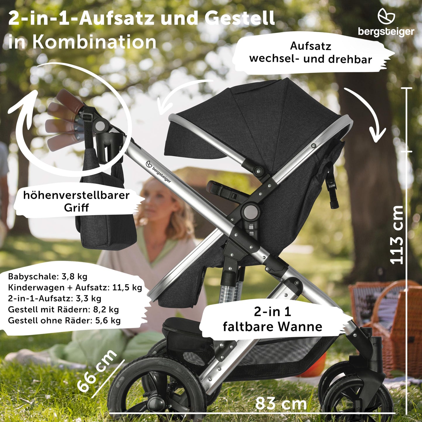 Bergsteiger Nizza 3 in 1 Kinderwagen, Kombikinderwagen Set, Babywanne & Buggy, Isofix Optional