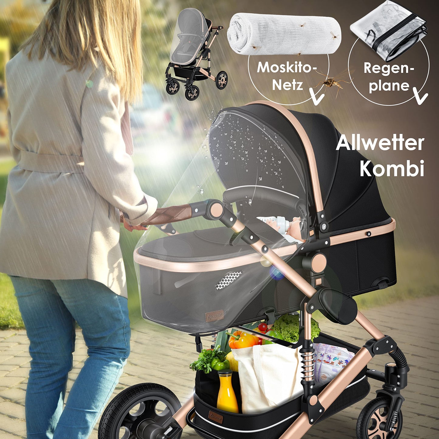 KESSER Loops 3-in-1 Kinderwagen Set, Kombikinderwagen inkl. Babywanne, Buggy, Auto-Babyschale, Voll-Gummireifen, Wickeltasche, ECE R129, Schwarz/Champagne