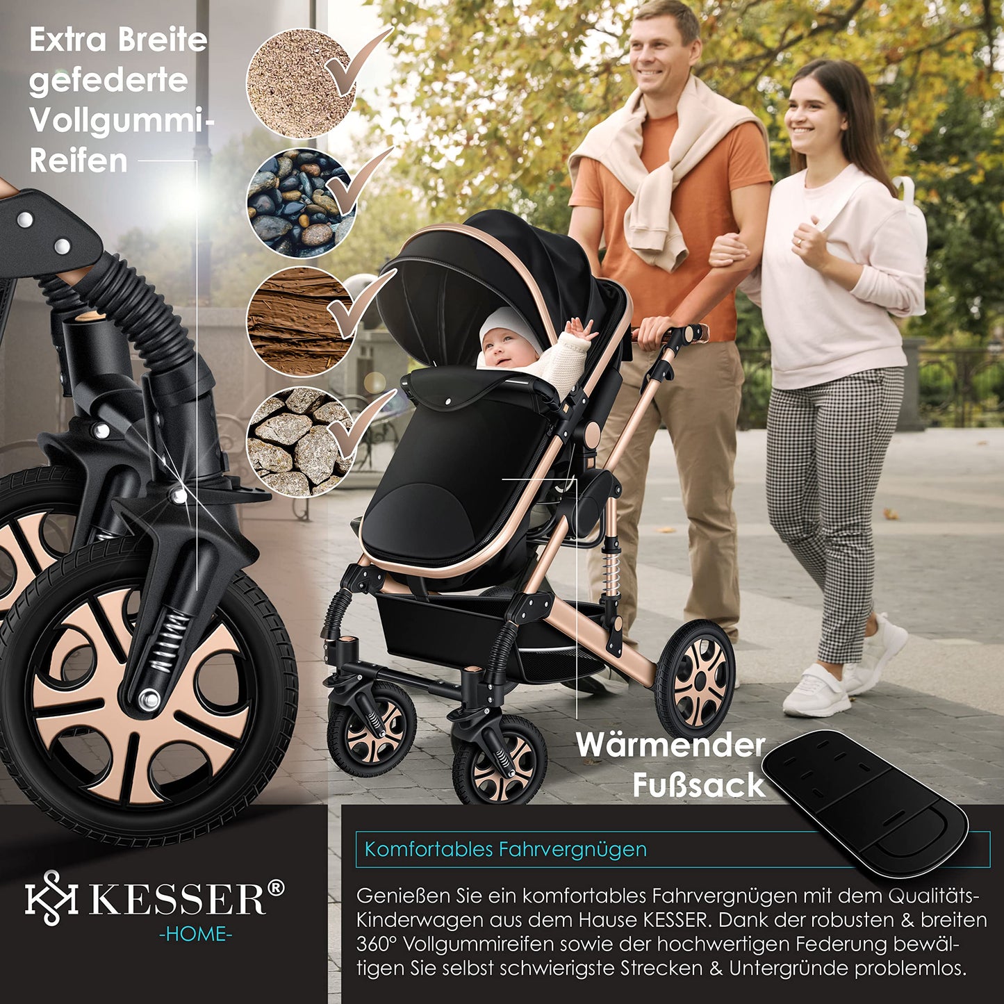 KESSER Loops 3-in-1 Kinderwagen Set, Kombikinderwagen inkl. Babywanne, Buggy, Auto-Babyschale, Voll-Gummireifen, Wickeltasche, ECE R129, Schwarz/Champagne