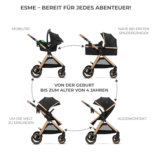 Kinderkraft ESME 3-in-1 Kinderwagen Set, Kombikinderwagen Reisesystem, Babyschale I-Size 40-75 cm, Bis 26 kg, Liegeposition, Schwarz