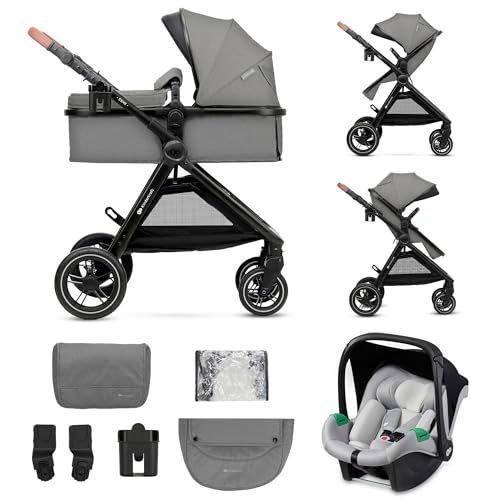 Kinderkraft ESME 3-in-1 Kinderwagen Set, Kombikinderwagen Reisesystem, Babyschale I-Size, Bis 26 kg, Grau