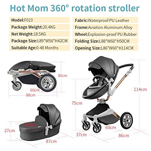 Hot Mom 2-in-1 Kinderwagen, 360° Drehbar, Babywanne & Sportsitz, PU-Reifen, Kunstleder-Sitz, Dunkelgrau
