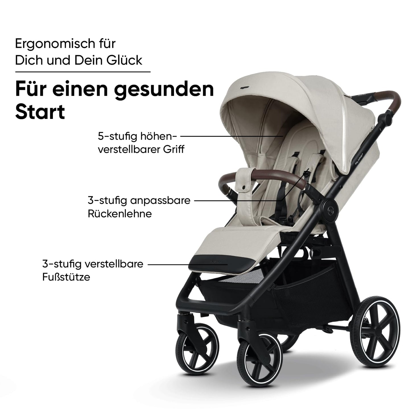 my junior PLIA² Komfortbuggy, Luftkammerreifen, Einhand-Faltmechanismus, Einstellbare Federung, XXL-Korb, inkl. Getränkehalter, Desert Bloom