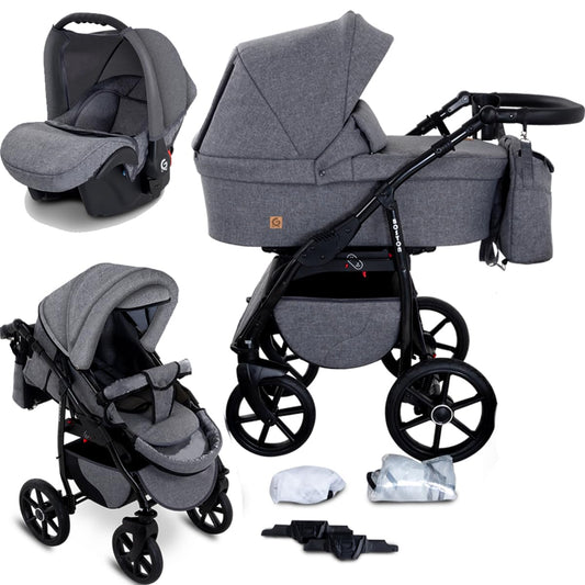 GaGaDumi Boston 3in1 Kinderwagen Set, Kombikinderwagen mit Autositz, TÜV-zertifiziert, Grau Jeans