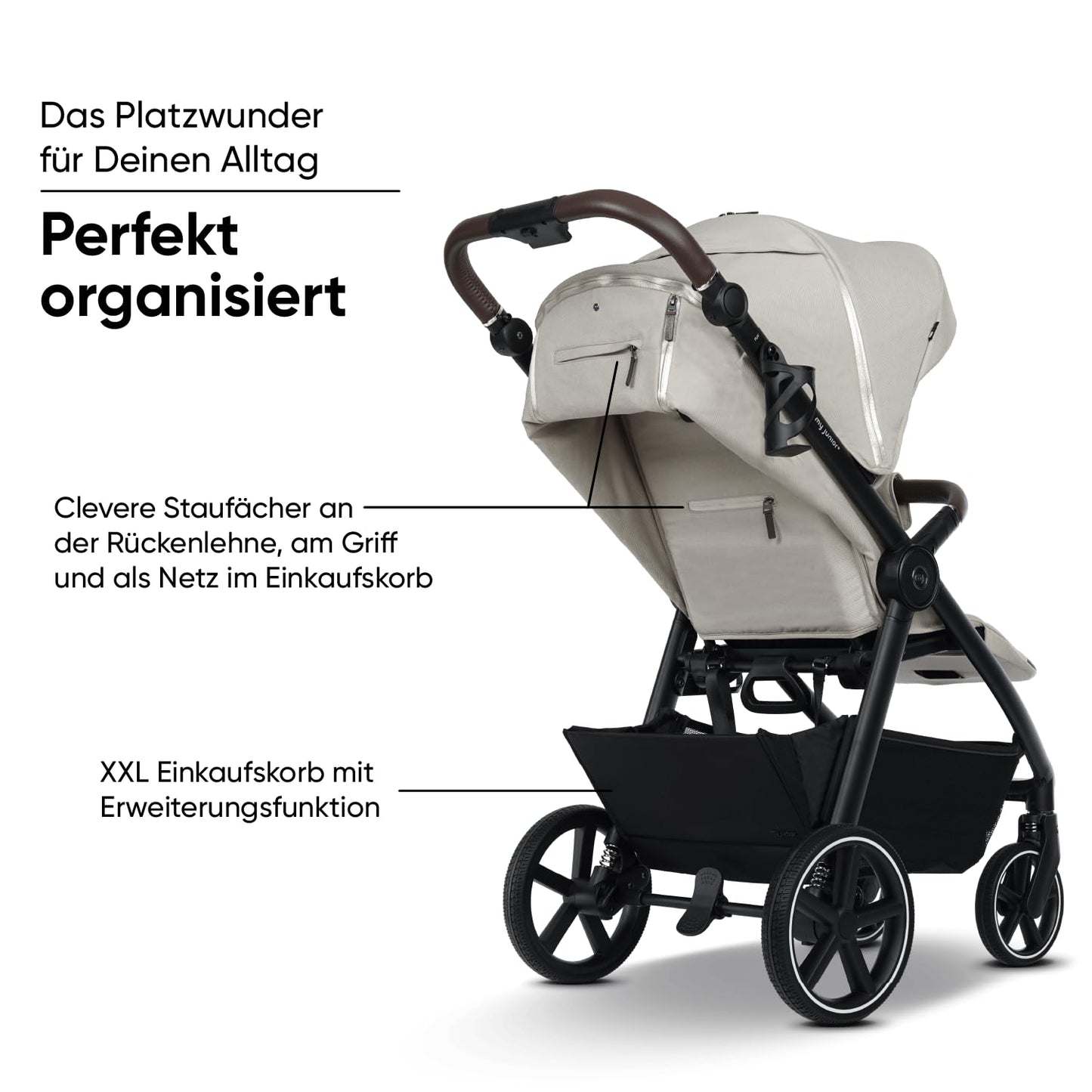 my junior PLIA² Komfortbuggy, Luftkammerreifen, Einhand-Faltmechanismus, Einstellbare Federung, XXL-Korb, inkl. Getränkehalter, Desert Bloom