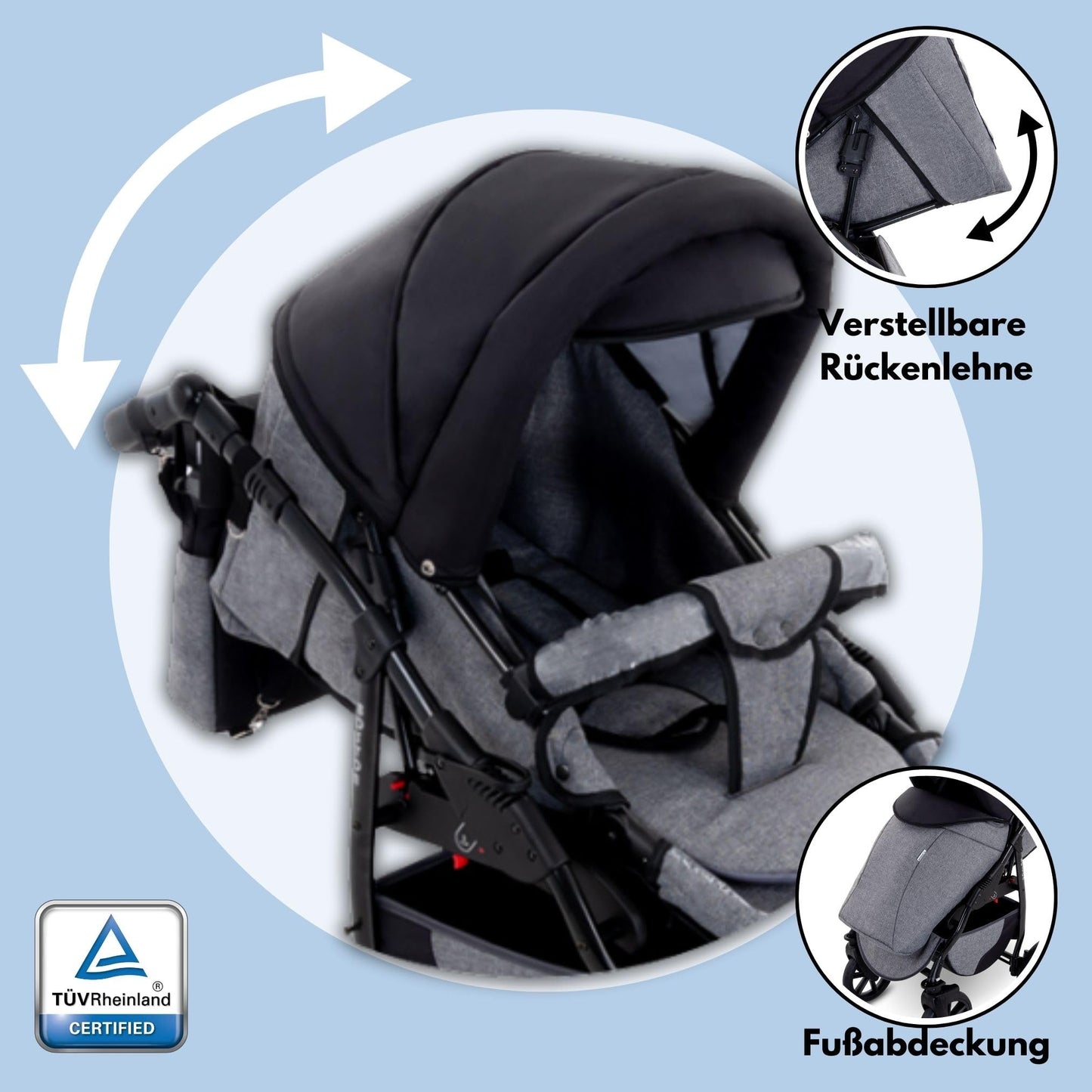 GaGaDumi Boston 3in1 Kinderwagen Set, Kombikinderwagen mit Autositz, TÜV-zertifiziert, Grau Jeans