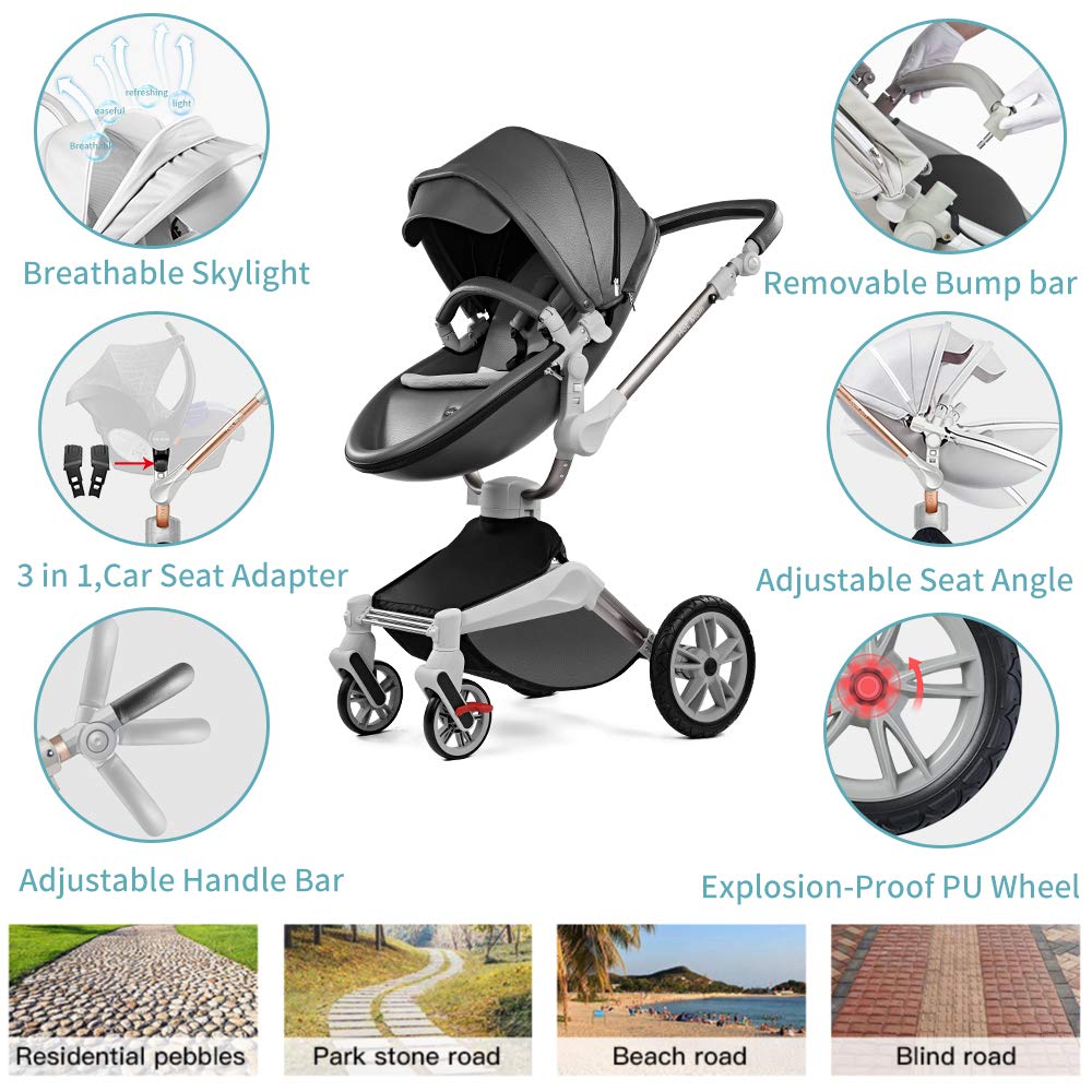 Hot Mom 2-in-1 Kinderwagen, 360° Drehbar, Babywanne & Sportsitz, PU-Reifen, Kunstleder-Sitz, Dunkelgrau