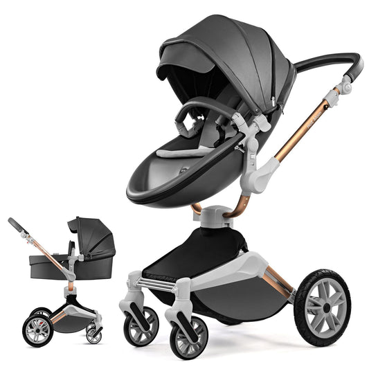 Hot Mom 2-in-1 Kinderwagen, 360° Drehbar, Babywanne & Sportsitz, PU-Reifen, Kunstleder-Sitz, Dunkelgrau