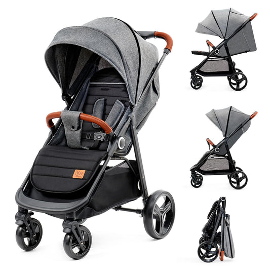 Kinderkraft GRANDE PLUS Buggy, Bis 22 kg, Einhand-Zusammenklappen, Liegeposition, Gedämpfte Räder, Großes Verdeck, Grau