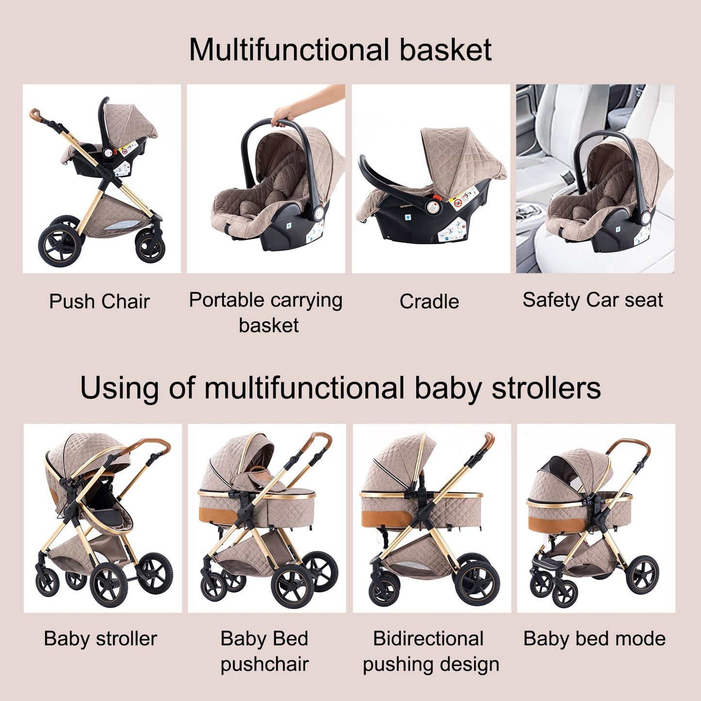BEBBY 3-in-1 Kinderwagen Kombi-Set, 2-in-1 Buggy, Faltbar, Luxus, Travel System für Neugeborene