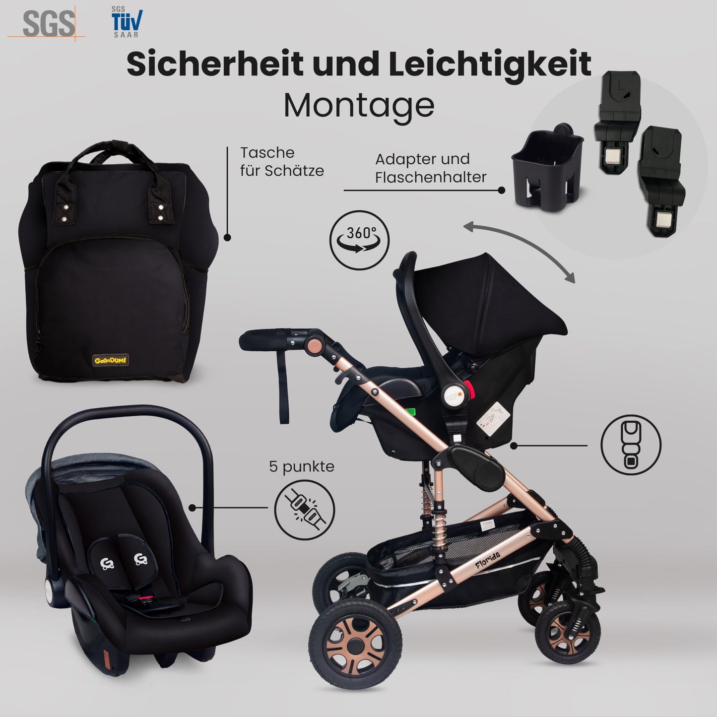 GaGaDumi Florida 3in1 Kinderwagen Set, Autositz, Kombikinderwagen mit Voll-Gummireifen, Wickeltasche, TÜV, Schwarz/Schwarz