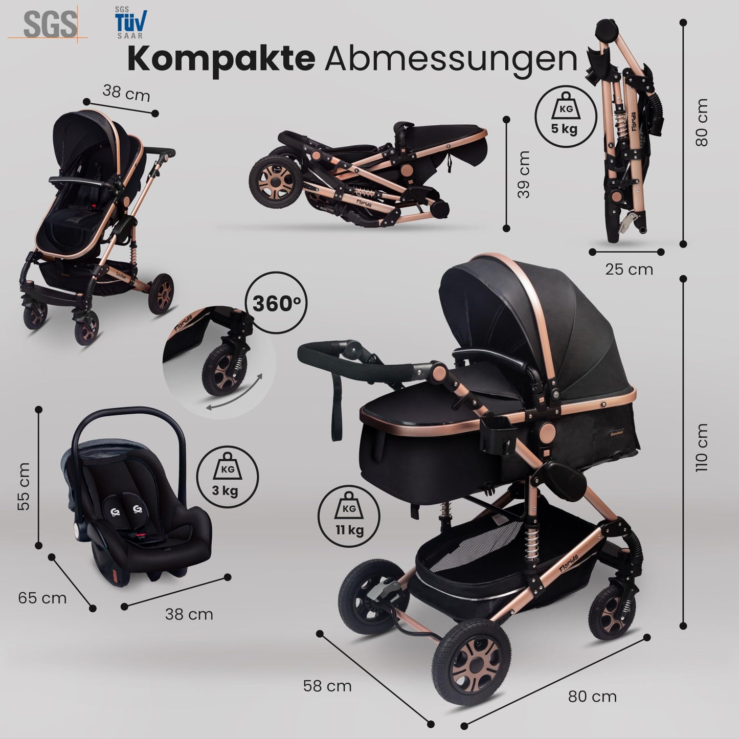 GaGaDumi Florida 3in1 Kinderwagen Set, Autositz, Kombikinderwagen mit Voll-Gummireifen, Wickeltasche, TÜV, Schwarz/Schwarz