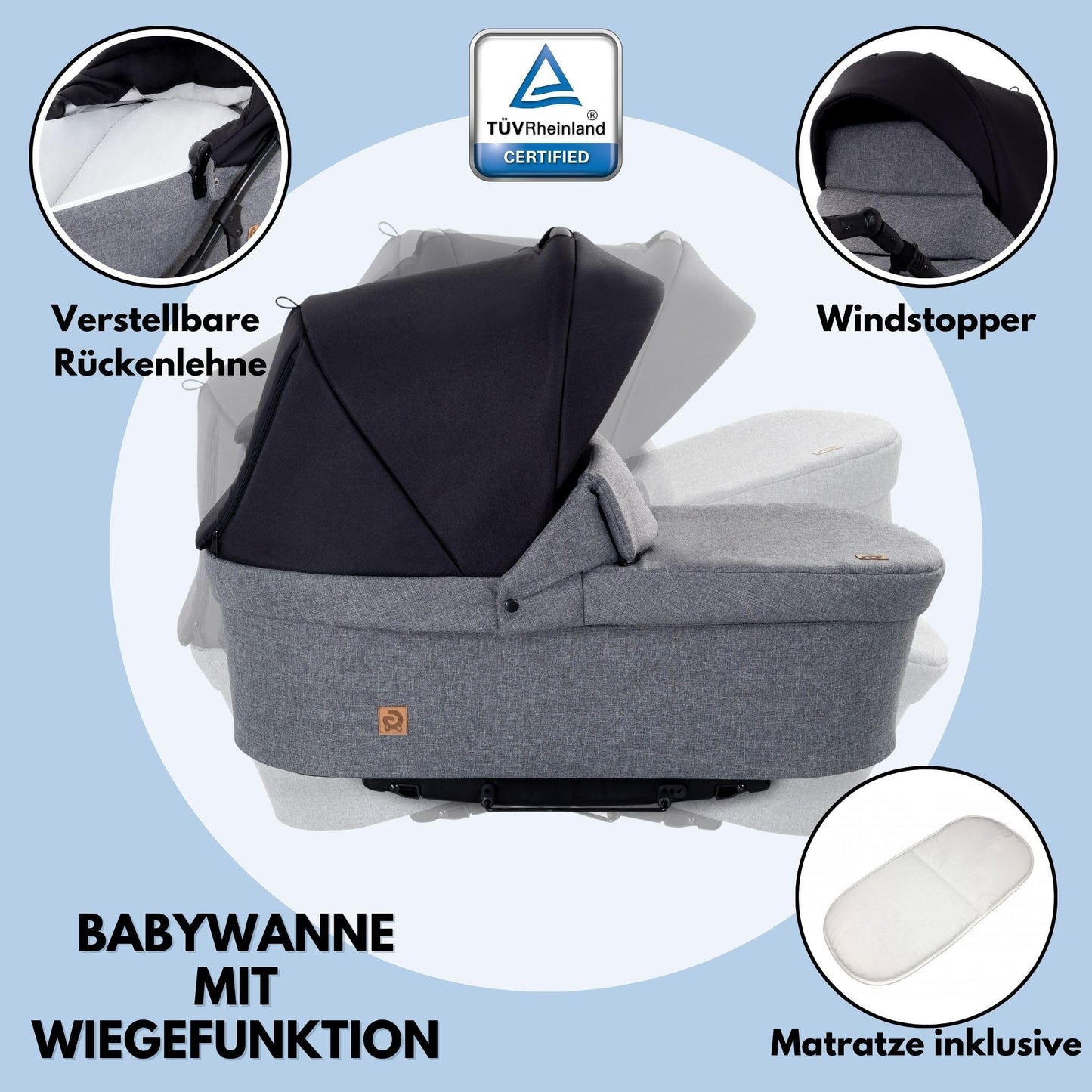 GaGaDumi Boston 3in1 Kinderwagen Set, Kombikinderwagen mit Autositz, TÜV-zertifiziert, Grau Jeans